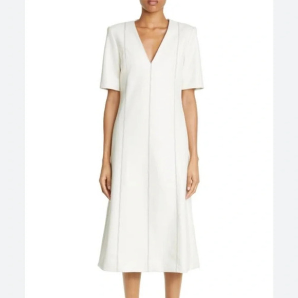 MARIA MCMANUS Topstitch Detail V-neck Midi Dress In Ivory Size 2 - Picture 1 of 12